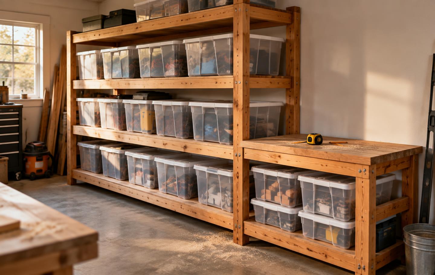 A stained oak garage storage rack holding rows of clear plastic totes, with a work surface at one end.